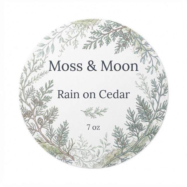 botanical candle label design for Rain on Cedar by Moss & Moon
