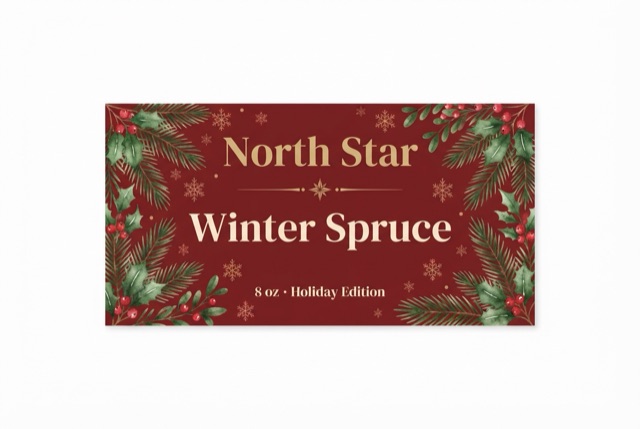 holiday candle label design for Winter Spruce by North Star